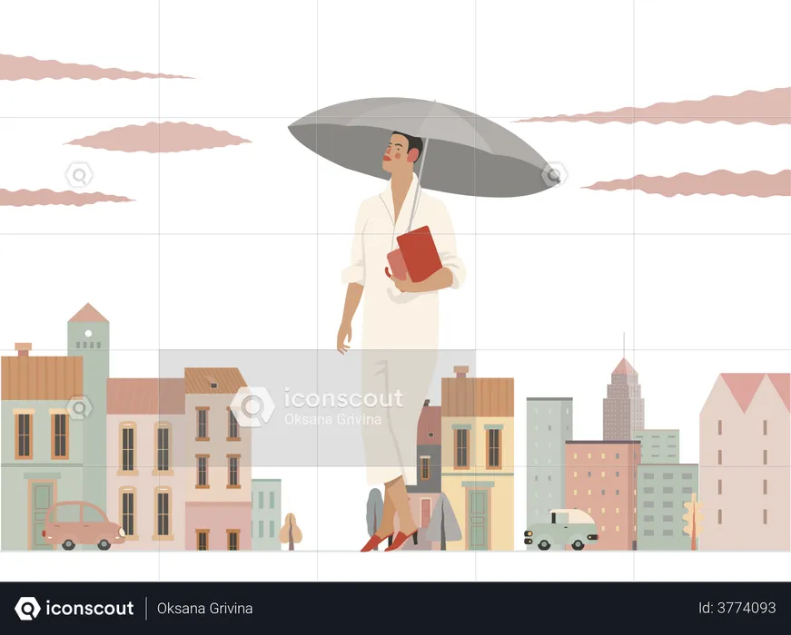 Girl holding umbrella in rainy day  Illustration