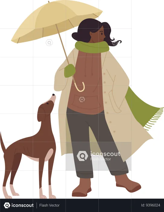 Girl holding Umbrella with dog  Illustration