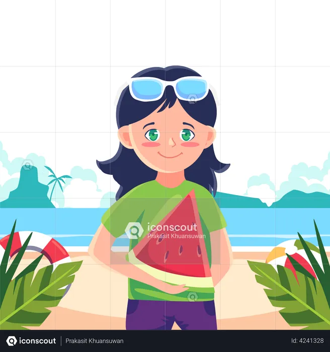 Girl holding watermelon slice  Illustration