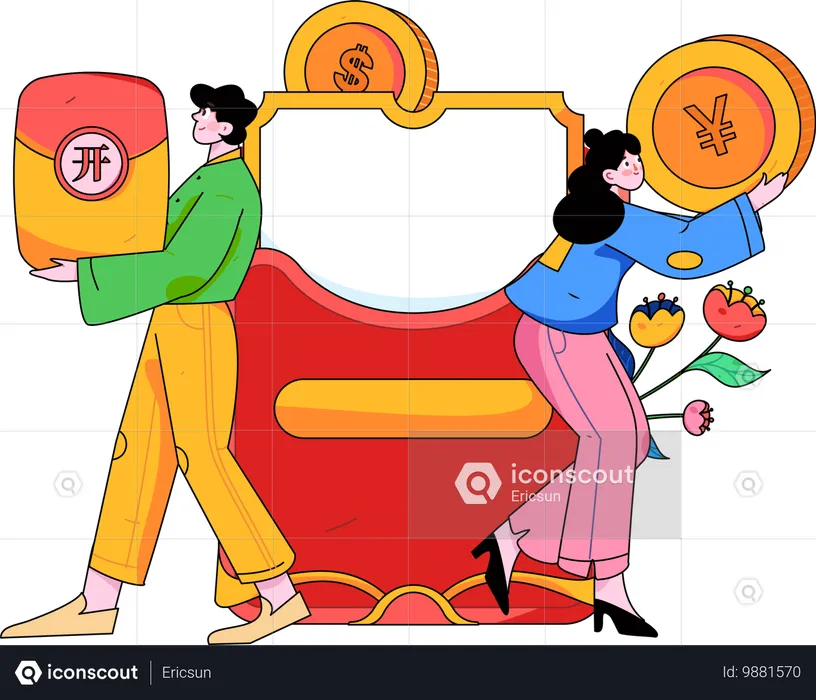 Girl holding yen coin while man holding yen cover  Illustration