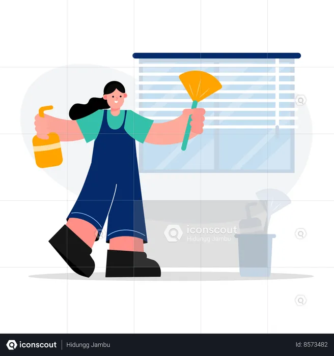 Girl housekeeping worker windows clean service  Illustration