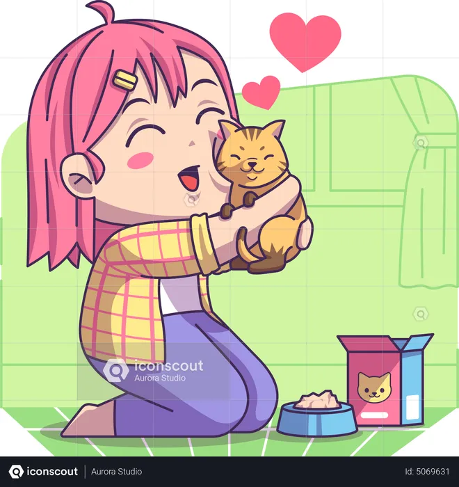 Girl hugging pet cat  Illustration