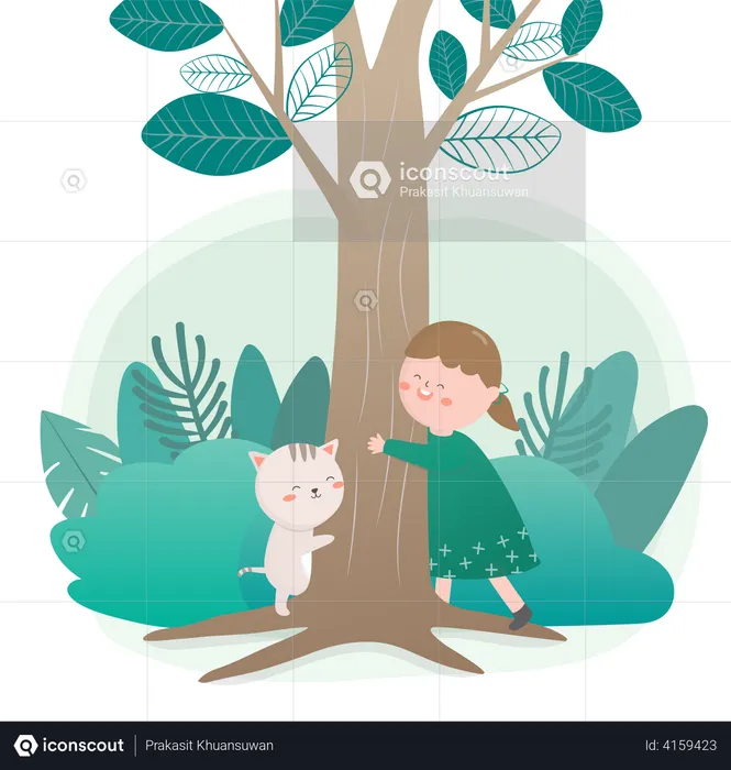 Girl hugging tree trunk  Illustration