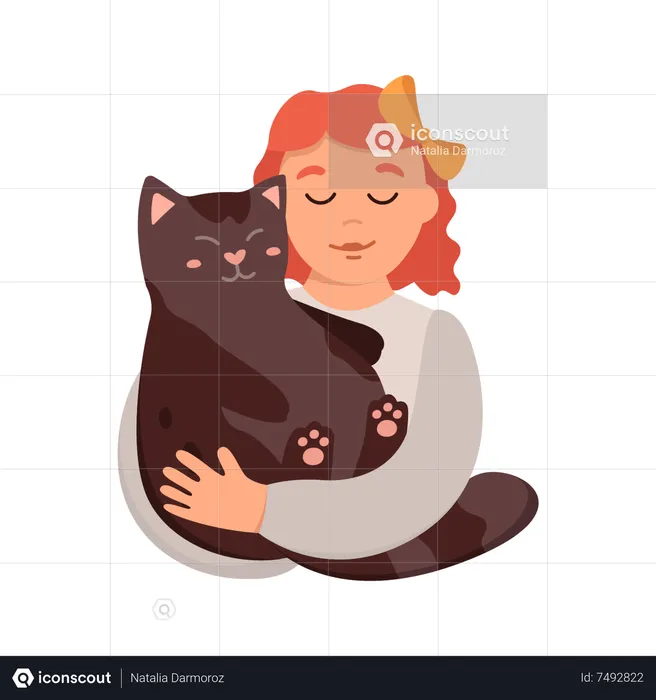 Girl Hugging With Cat  Illustration