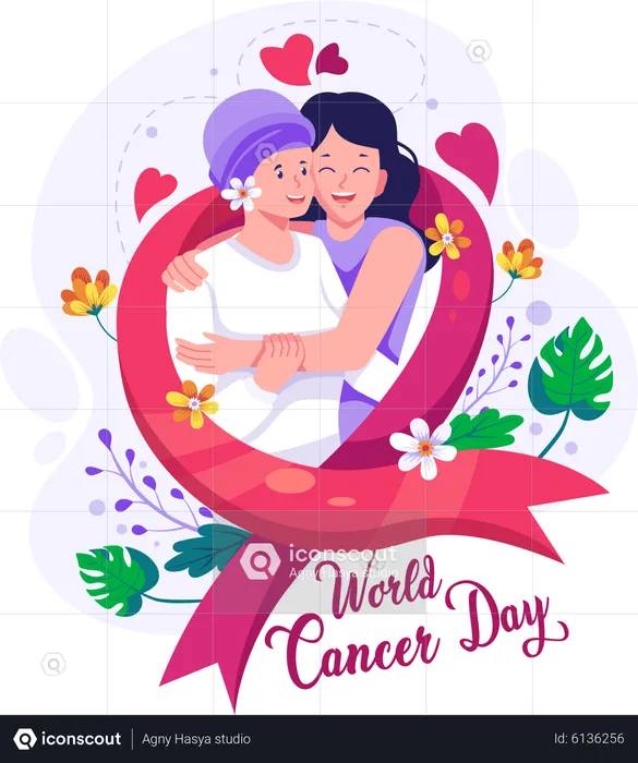 Girl hugs her mother who has cancer with love  Illustration