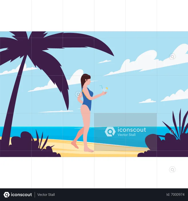 Girl in a bikini is having fun on the beach  Illustration