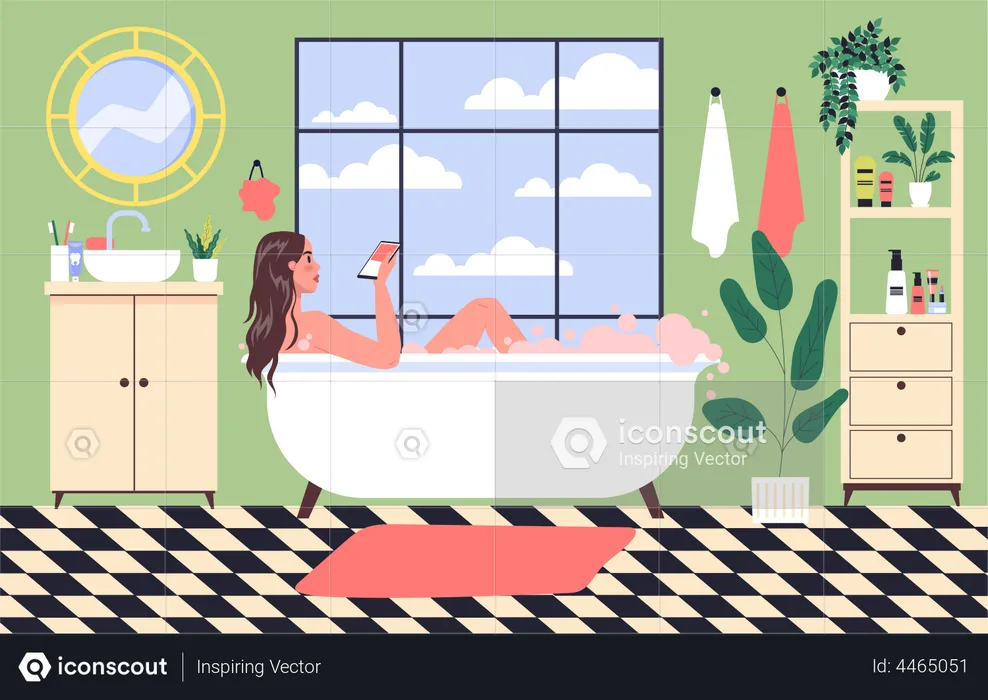 Girl in bathtub using smartphone  Illustration