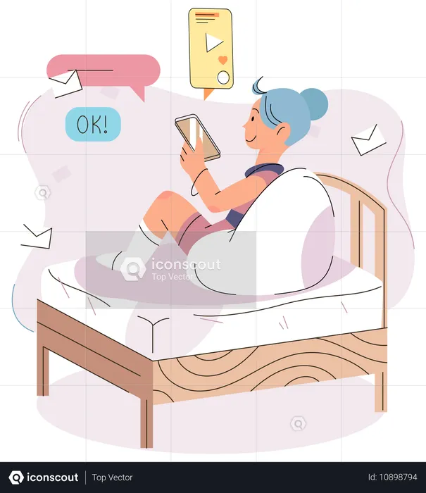 Girl in bed using phone  Illustration