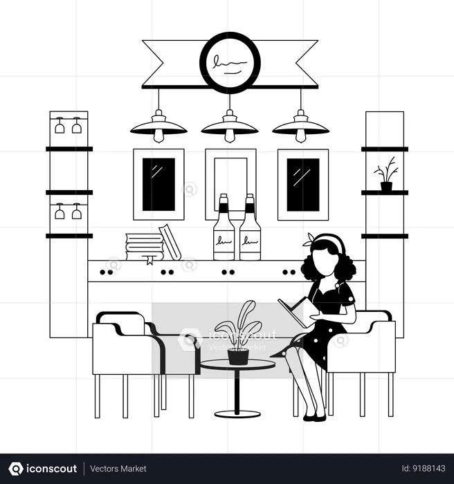 Girl in cafe reading book  Illustration