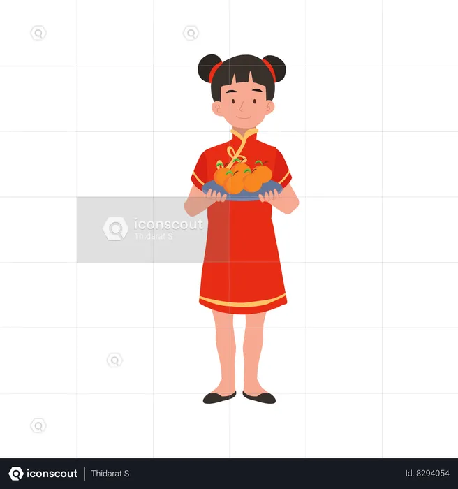 Girl in chinese traditional dress holding basket of oranges  Illustration
