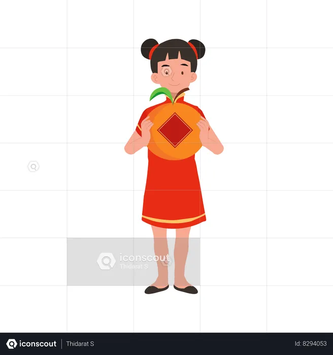 Girl in chinese traditional dress holding big orange  Illustration