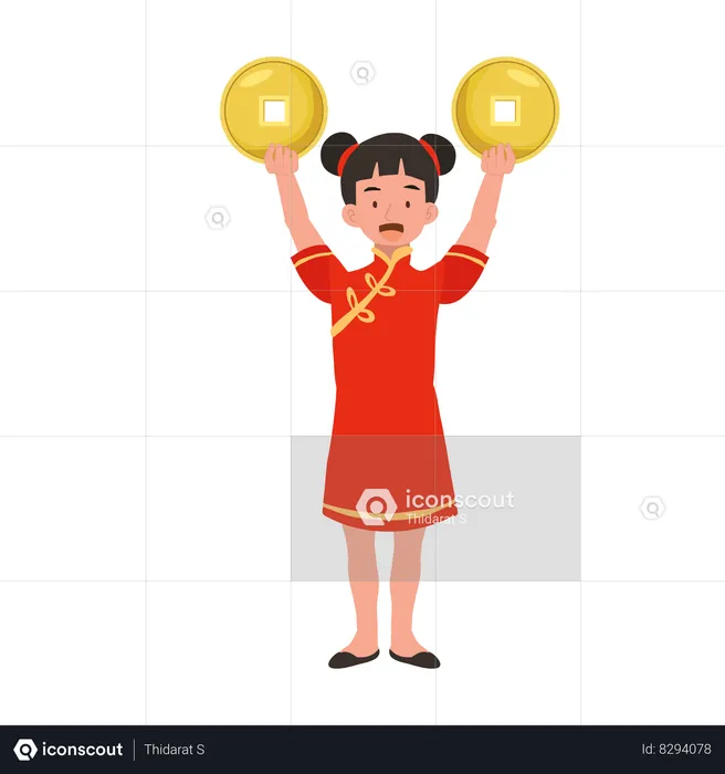 Girl in chinese traditional dress holding gold coins  Illustration