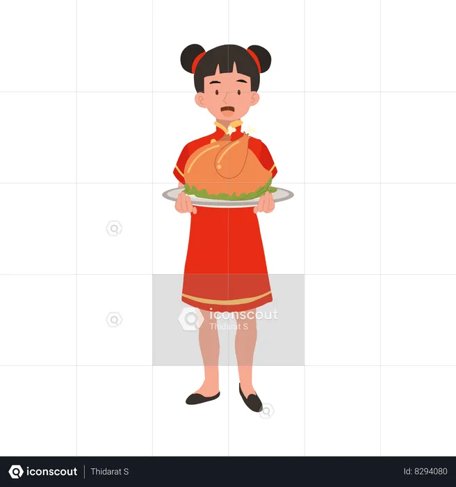 Girl in chinese traditional dress holding meat plate  Illustration