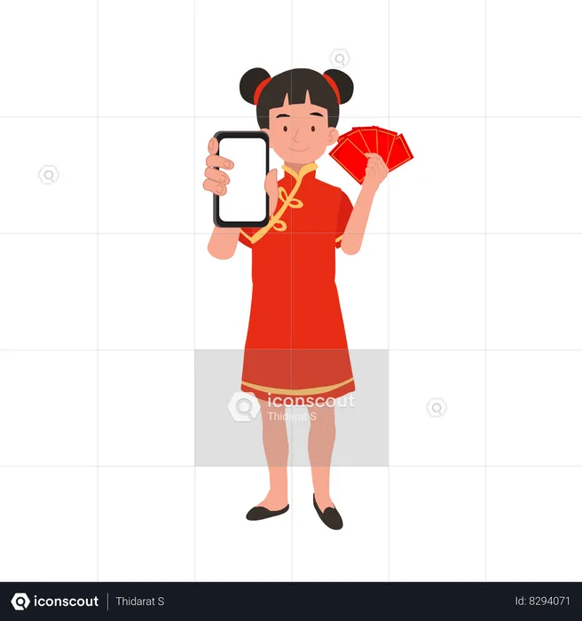 Girl in chinese traditional dress holding red envelope and mobile  Illustration