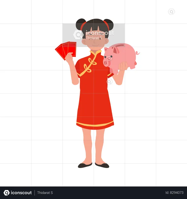 Girl in chinese traditional dress holding red envelope and piggy bank  Illustration