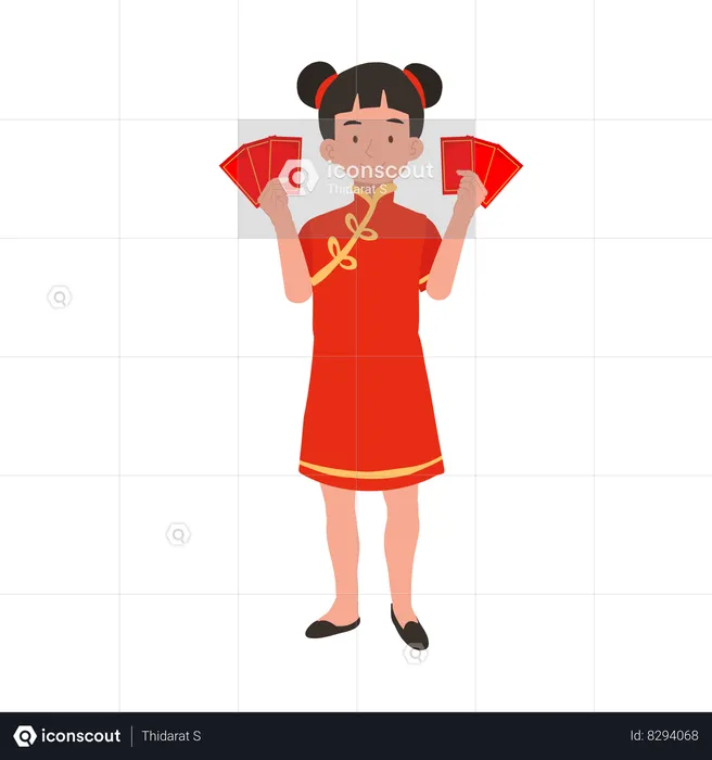 Girl in chinese traditional dress holding red envelope  Illustration