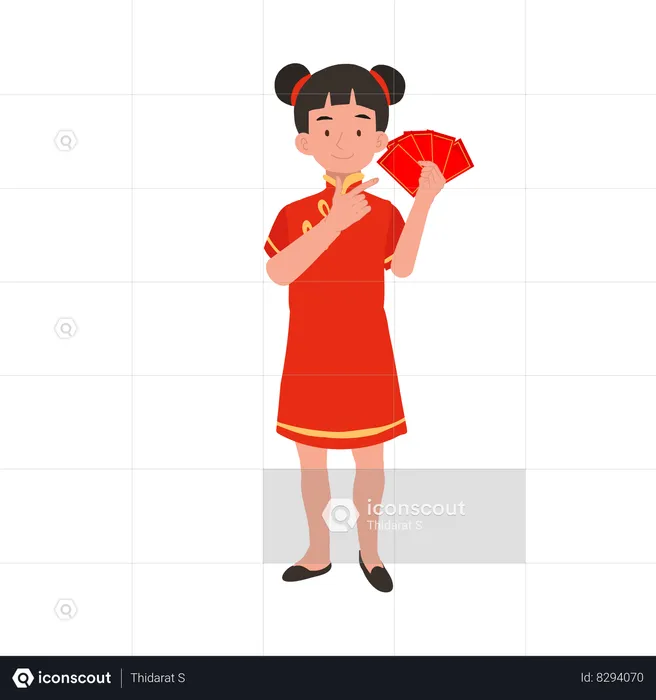 Girl in chinese traditional dress holding red envelope  Illustration