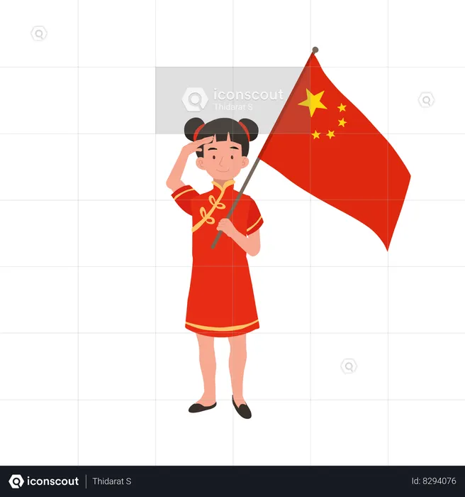 Girl in chinese traditional dress holding red flag  Illustration