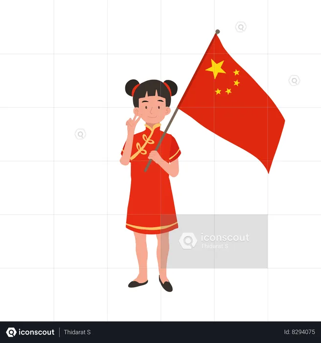 Girl in chinese traditional dress holding red flag  Illustration