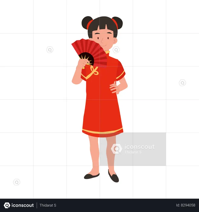 Girl in chinese traditional dress holding red hand fan  Illustration