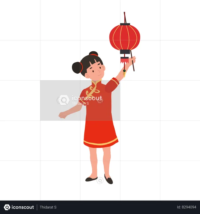 Girl in chinese traditional dress holding red lantern  Illustration
