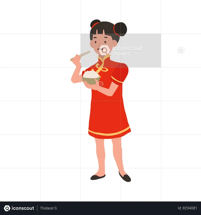 Girl in chinese traditional dress holding rice bowl  Illustration