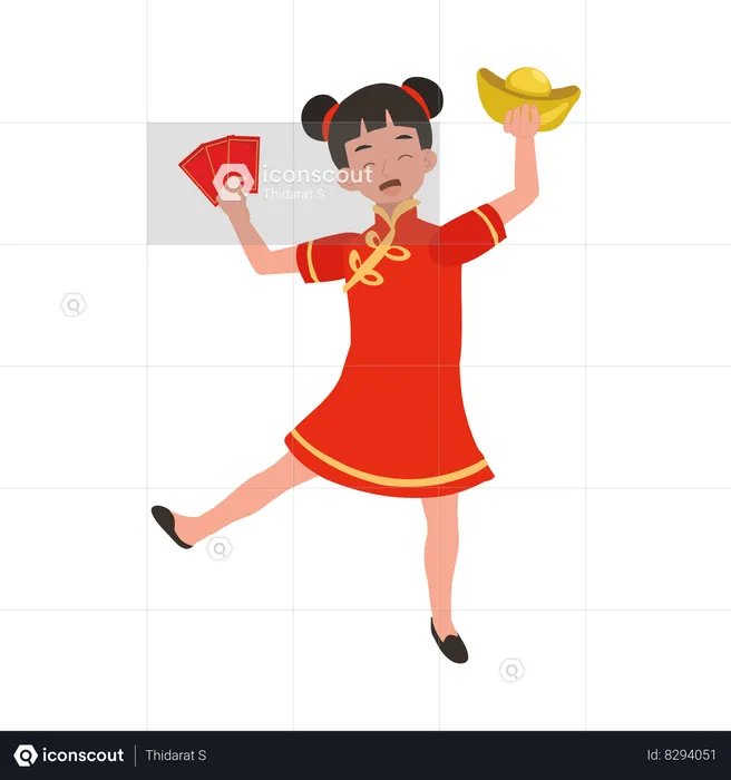 Girl in chinese traditional dress holding sweet basket and red envelope  Illustration