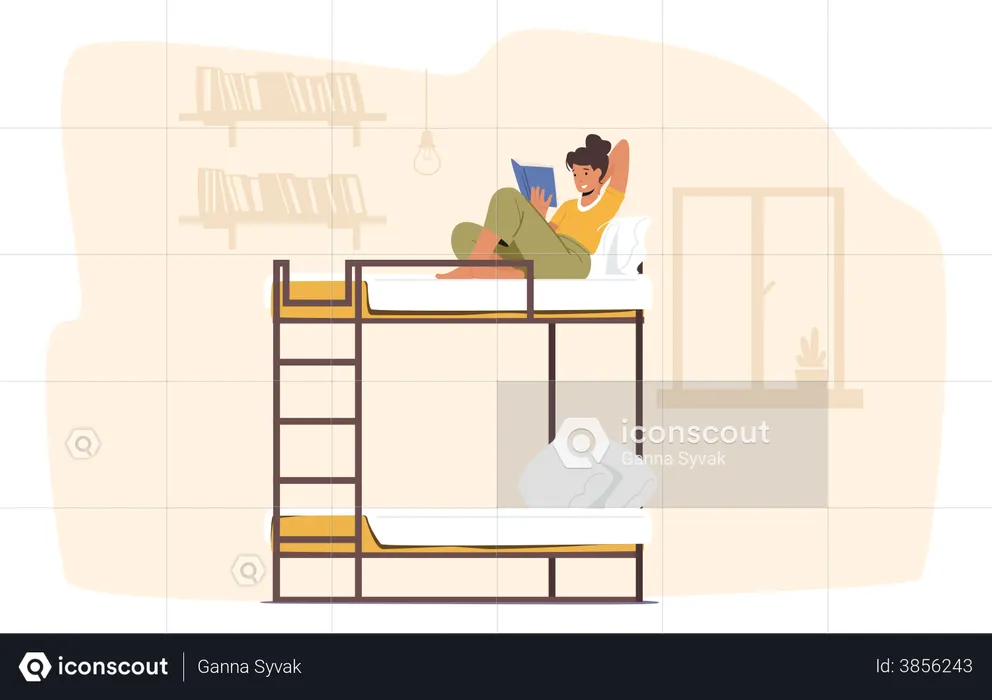 Girl in college dorm reading book while sitting on bunk bed  Illustration