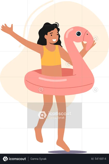 Girl in flamingo inflatable ring going for swimming  Illustration