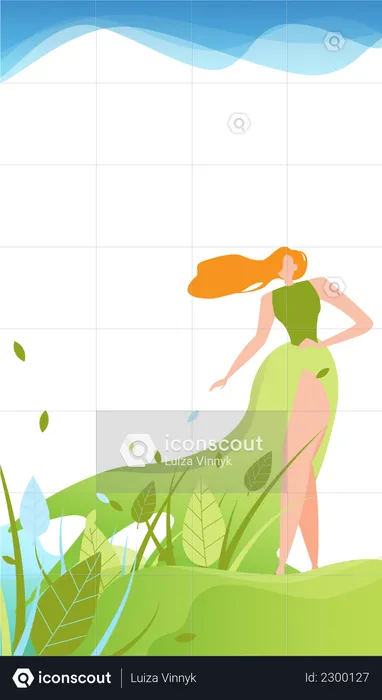 Girl in green dress walking in park  Illustration