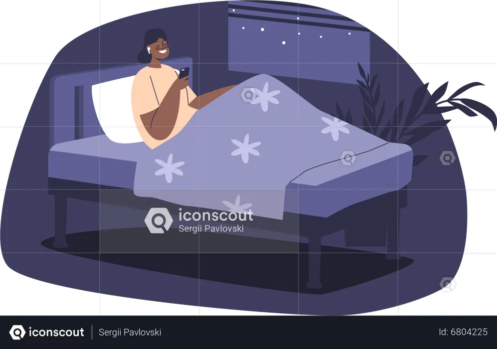Girl in headphones use smartphone lying in bed  Illustration