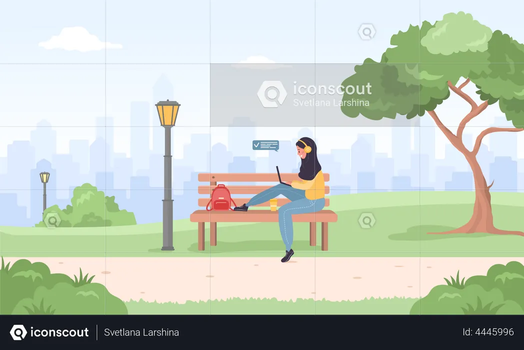 Girl in hijab with laptop sitting in park  Illustration