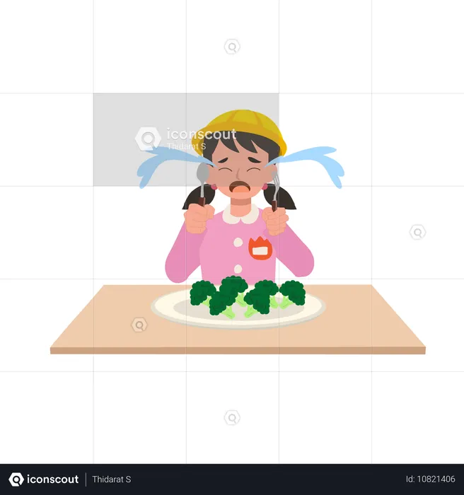 Girl in japanese kindergarten uniform crying and rejecting green vegetables  Illustration