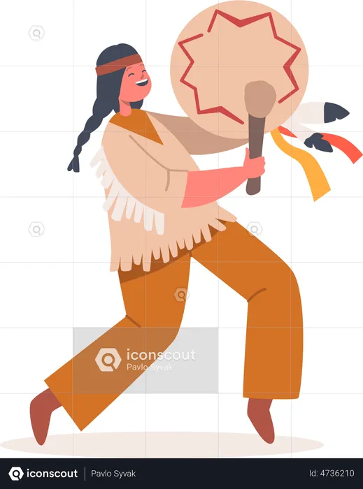 Girl in National Costume and Pigtails Play Drum  Illustration