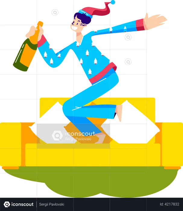 Girl in pajama drinking champagne from bottle  Illustration