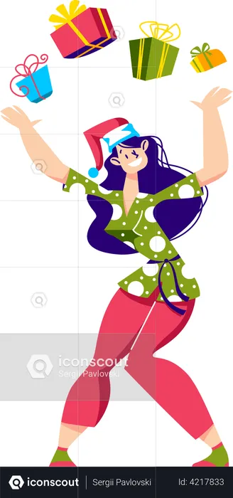 Girl in pajama holding gift boxes  Illustration