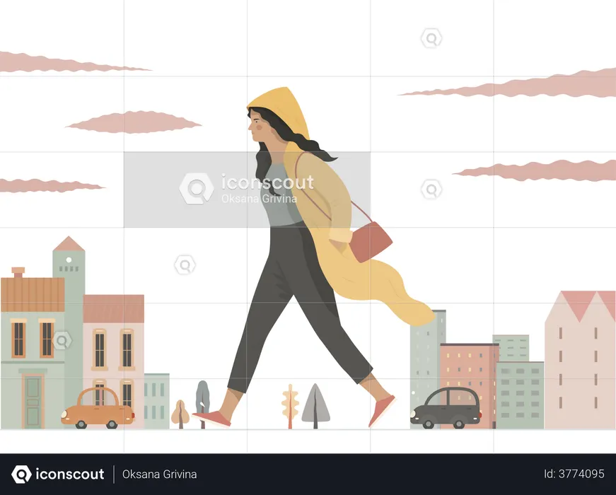 Girl in raincoat walking on street  Illustration