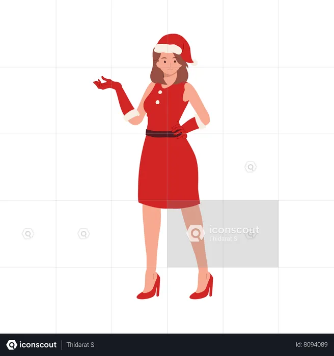 Girl in Santa Claus Outfit showing something left  Illustration