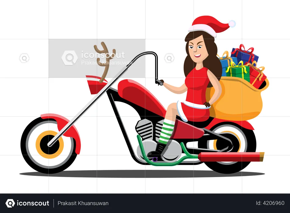 Girl in Santa clothes driving bike to deliver Christmas presents  Illustration