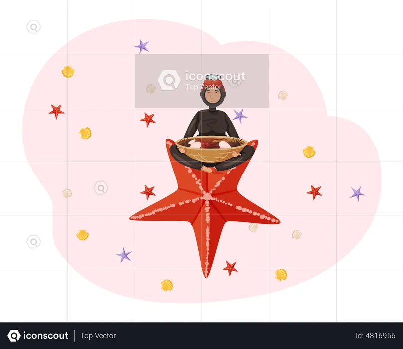 Girl in scuba suit with national dish of Jeju made of seafood sitting on large starfish  Illustration