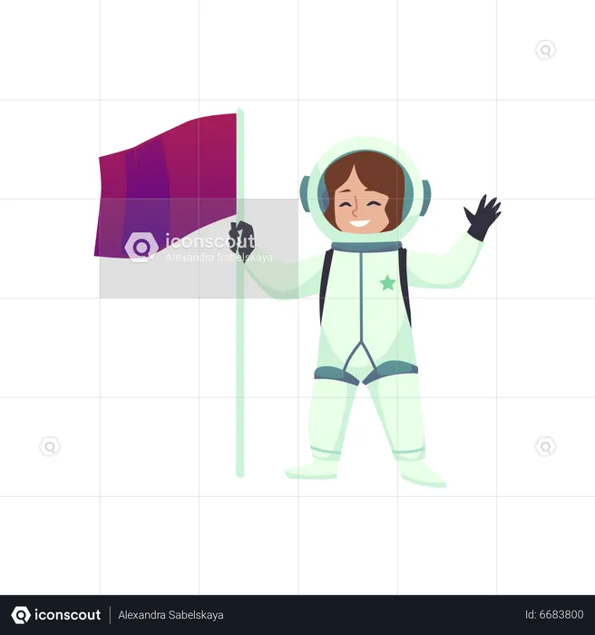 Girl in spacesuit holding flag  Illustration