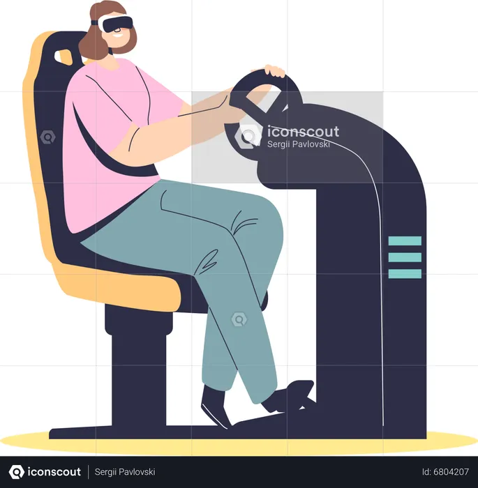 Girl in vr glasses gaming using steering wheel joystick pad  Illustration