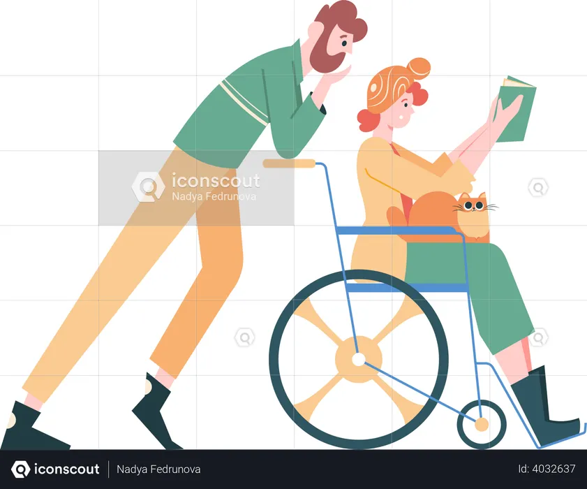 Girl in wheelchair with cat on reads book and loving husband  Illustration