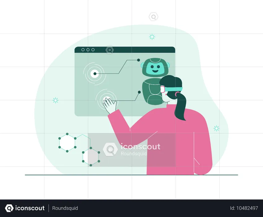 Girl interacting with online AI bot  Illustration