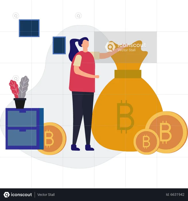 Girl investing in bitcoin  Illustration