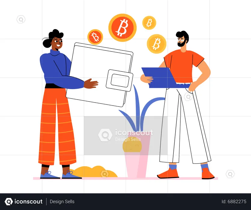 Girl investing money in bitcoin  Illustration