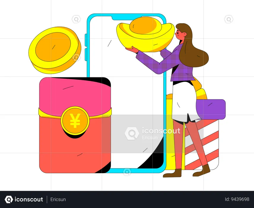 Girl investing money online  Illustration