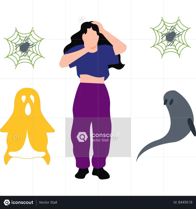 Girl is afraid of ghosts  Illustration