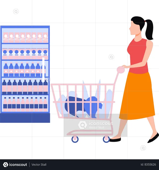 Girl is carrying a shopping trolley  Illustration