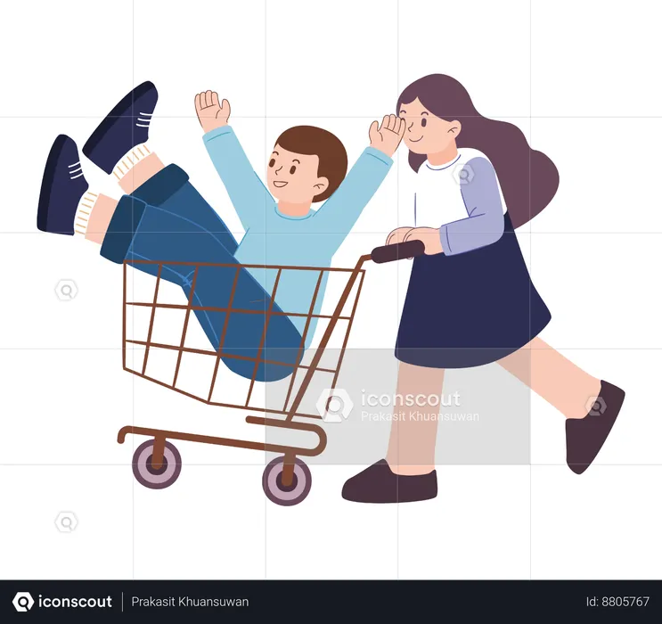 Girl is carrying boy in shopping trolley  Illustration